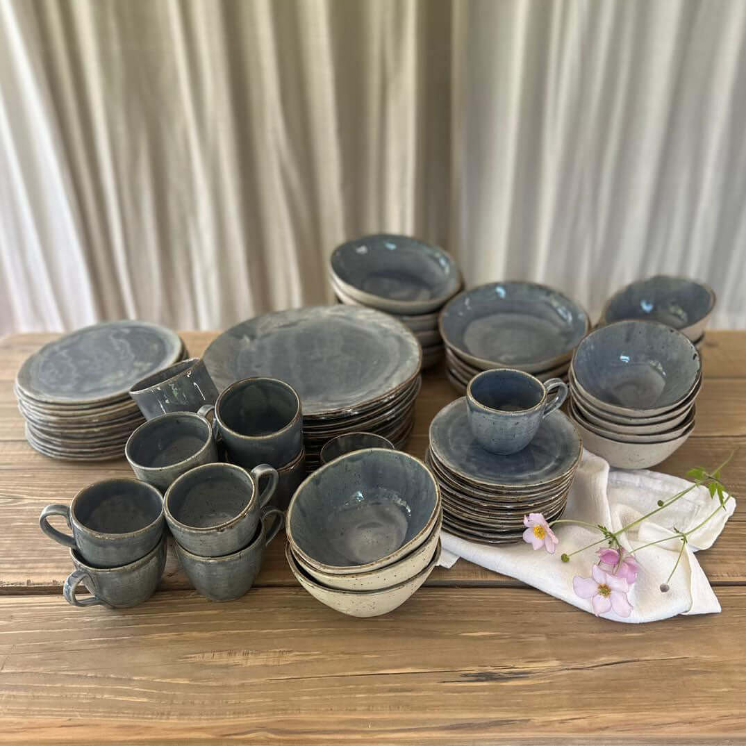 BOHEMIAN Blue handgetöpfertes Geschirrset, 12 Personen, blau - FRANZARTKERAMIK